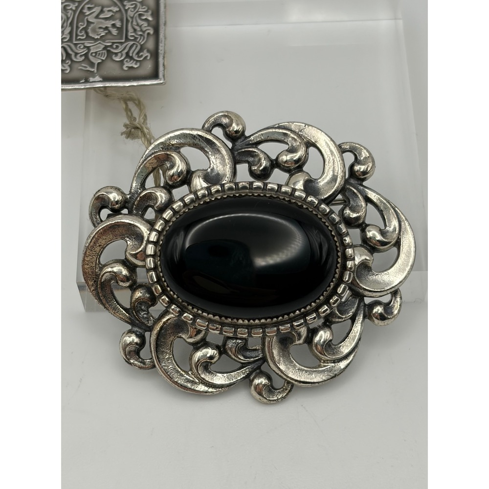 Vintage Danecraft Sterling Silver Black Onyx Scroll Brooch Pin 3L 2044 With Tags
